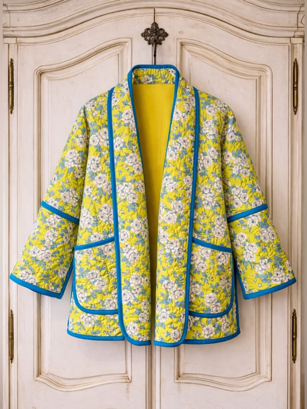 ๐งต HANDMADE (by me!) Floral Quilt Coat Jacket with Blue Trim M-XL - Picture 13 of 15